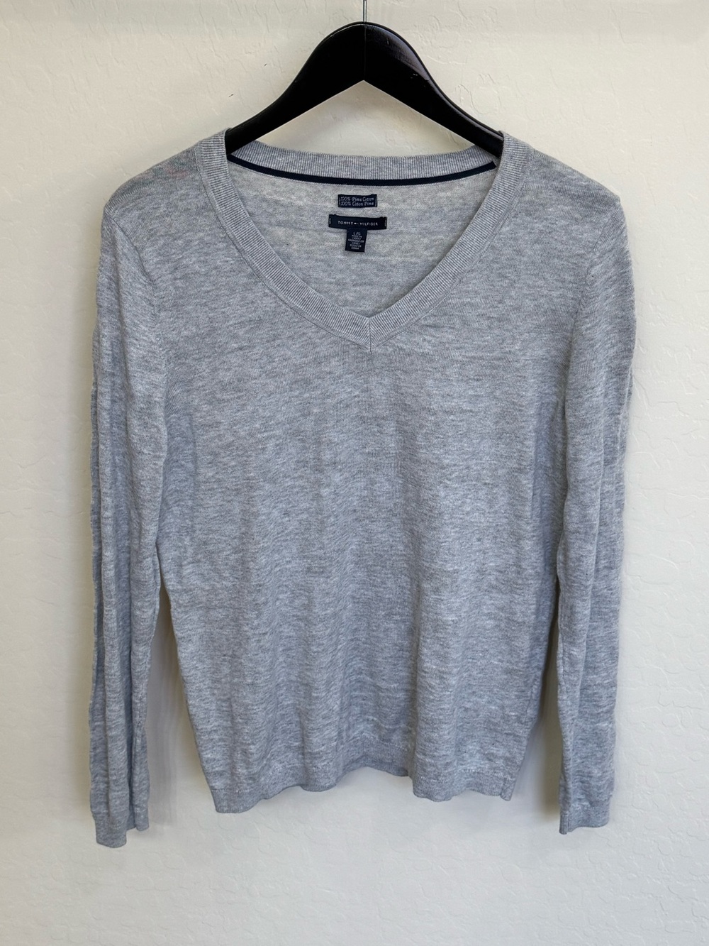 Tommy Hilfiger Women's Gray Pima Cotton V-Neck Classic Sweater Preppy Large EUC
